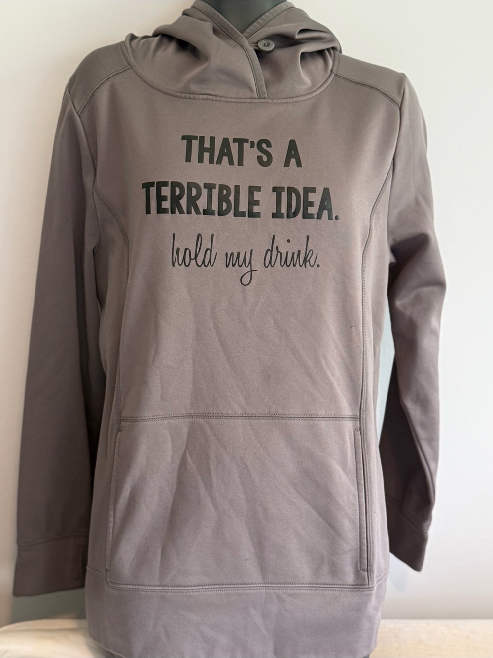 Ladies Gray Graphic Hoodie Sweatshirt - "That's A Terrible Idea" women’s size M